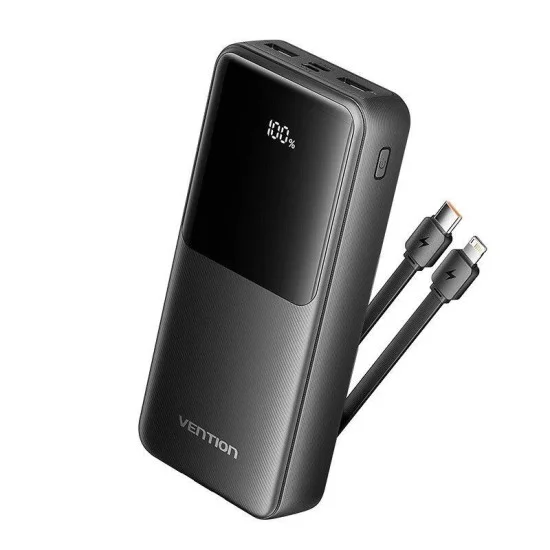 Vention Power Bank 20000mAh (Micro-USB + USB-C + USB-A + USB-A) with Built-in USB-C and Lightning Cables 22.5W _ black